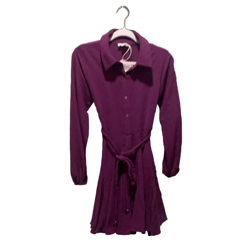 Hem & Thread Long Sleeve Collared Dress Tunic Purple S Button-Down